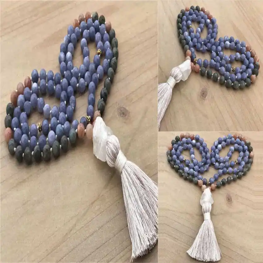 8mm Natural Labradorite 108 Beads Tassel Knot Necklace BridalMeditation Women Fashion Prayer Gift Unisex Metal Mala Yoga