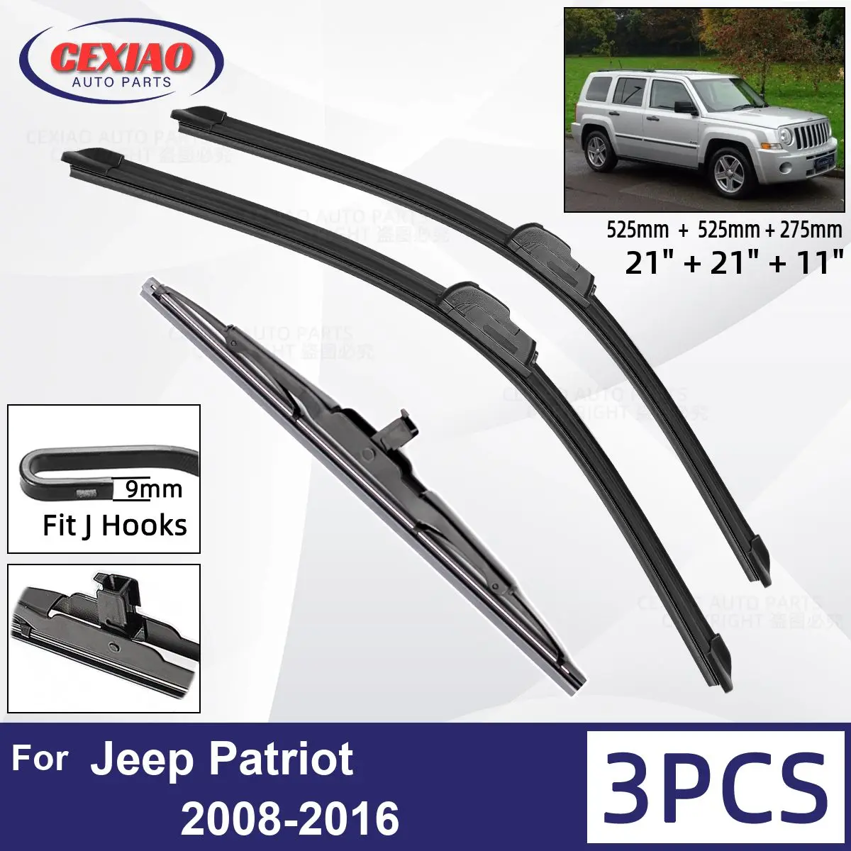 

For Jeep Patriot 2008-2016 Car Front Rear Wiper Blades Soft Rubber Windscreen Wipers Auto Windshield 21"+21"+11" 2008- 2015 2016