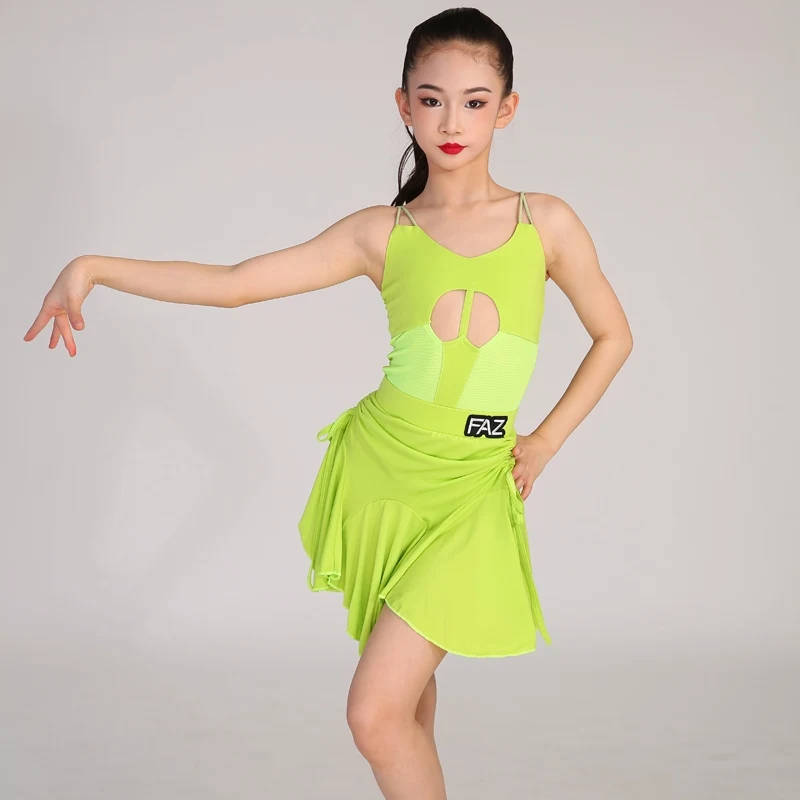 グリーンラテンダンスパーティードレス女の子ラテンダンスパフォーマンス衣装子供サンバ社交ダンス競技ドレス SL12512