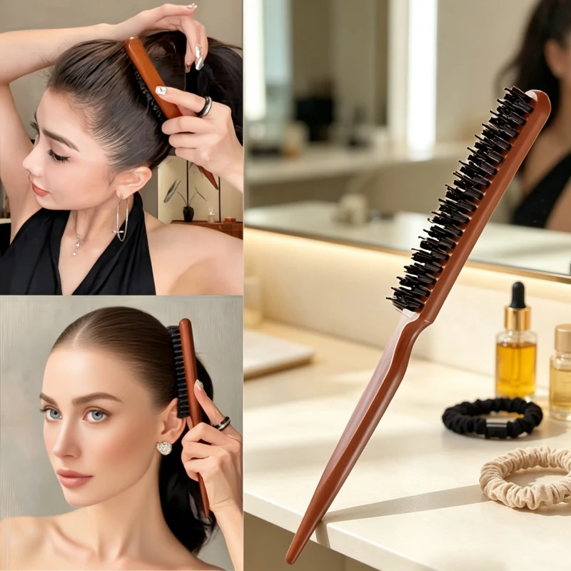 GranNaturals Boar & Nylon Bristle Styling Brush - Teasing Comb with Rat Tail Pick for Backcombing, Smoothing, Edge Control
