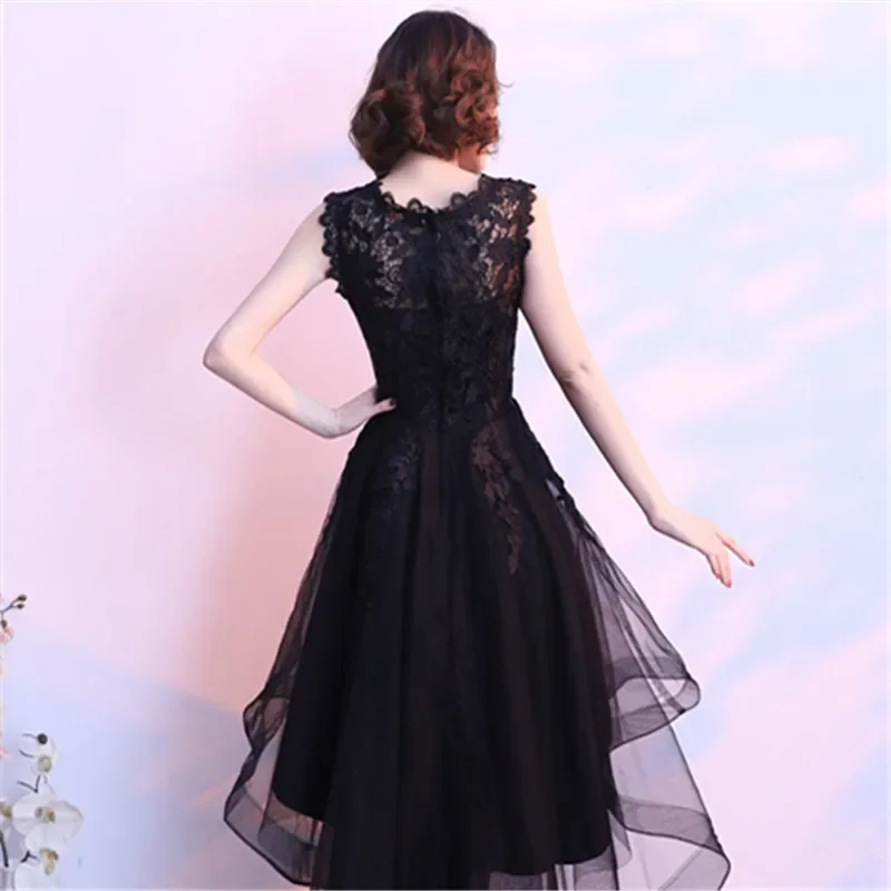 Prom Gowns Black Embroidery Tulle O-neck Sleeveless Zipper Back High-low Tea Length Plus size Women Party Formal Dresses LX094