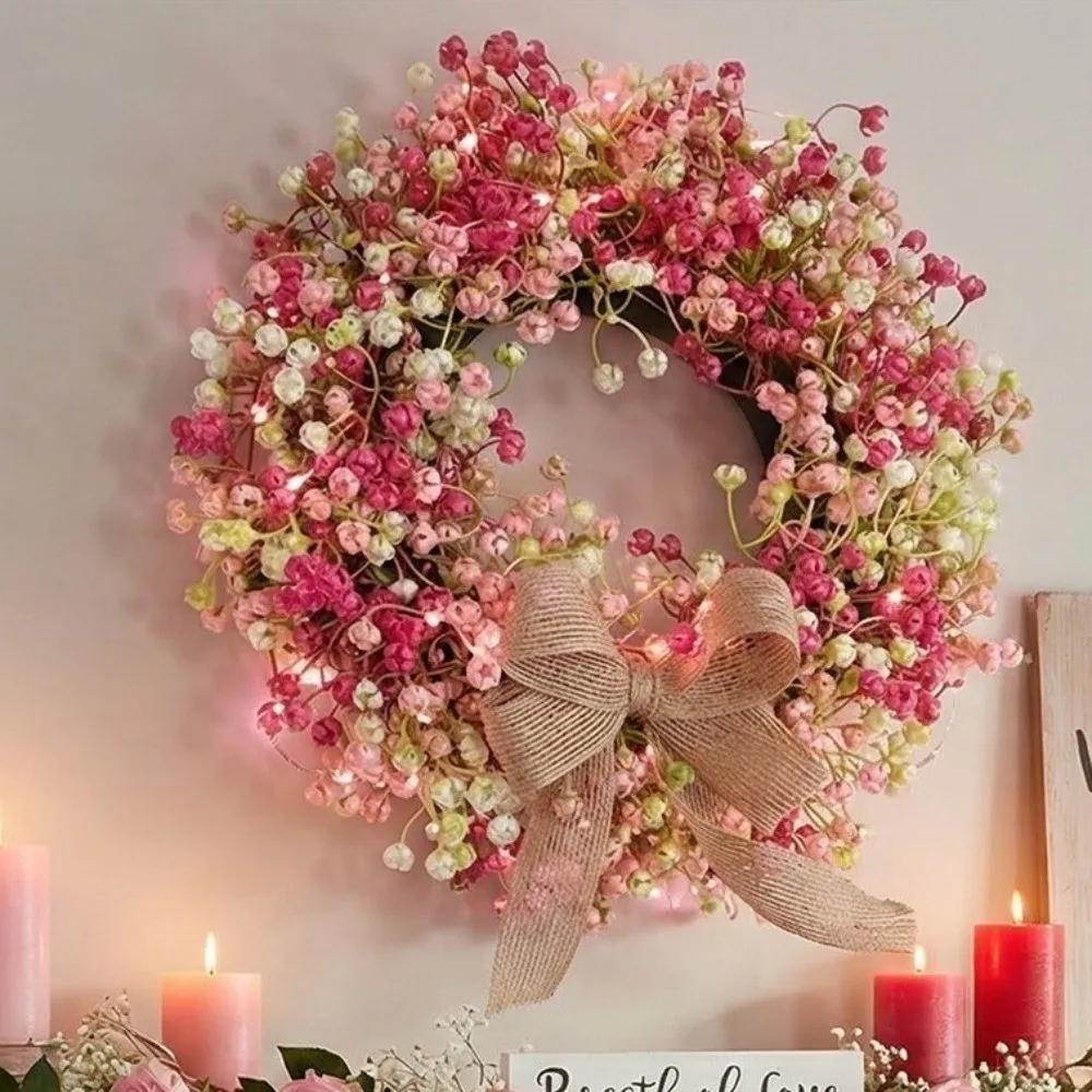 Round Shape Colorful Eucalyptus Wreath with Bow Lifelike Spring Flower Wreath Vivid Colors Handmade Simulated Plant Front Door