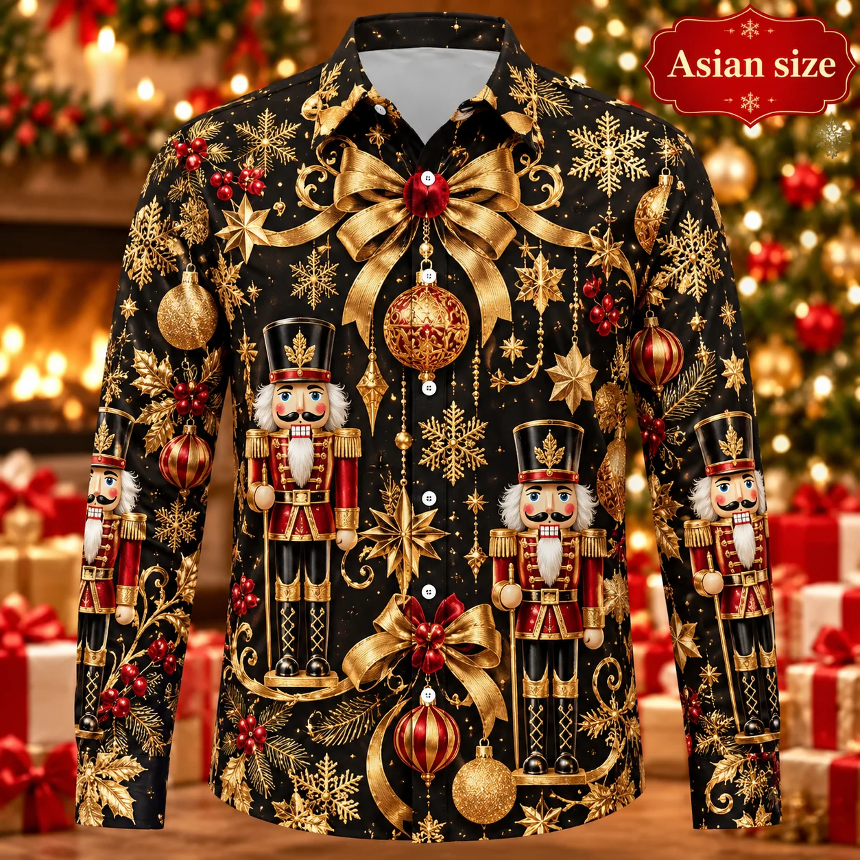 New Christmas Gingerbread Village Long Sleeve Shirt Men 3D Snowflake Candy House Holiday Party Xmas Shirts