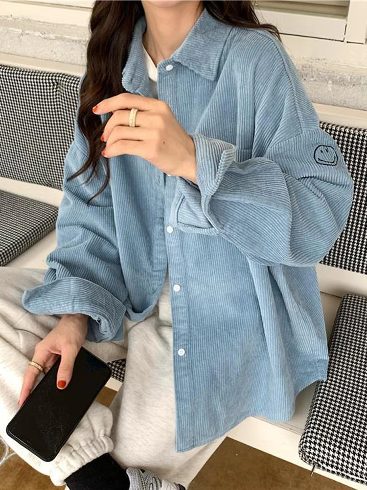 Zoki Harajuku Retro Women Corduroy Shirt Outwear Korean Oversize Loose Casual Blouse Spring Female Long Sleeve Embroidery Tops