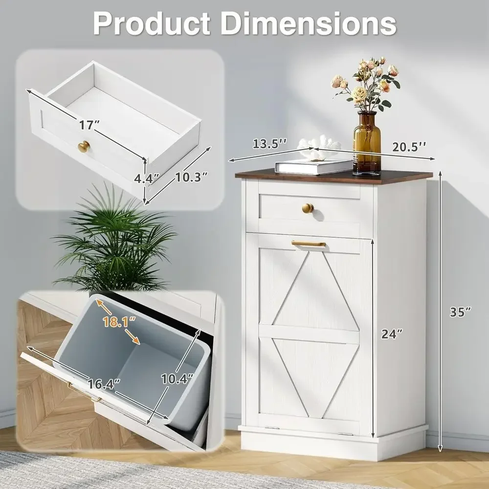 10 Gallon Wooden Concealed Trash Cabinet, Kitchen & Laundry Organizer (White)