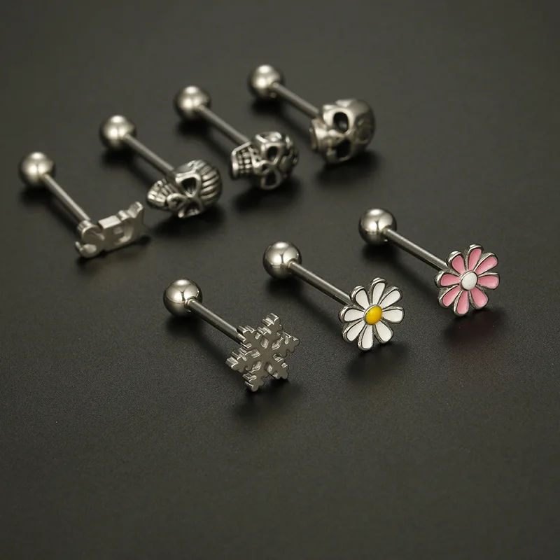 1pc 316l Surgical Steel Sexy Skull Flower Ball Tongue Barbell Stud Piercing Punk Body Jewelry 1.6X16X5mm