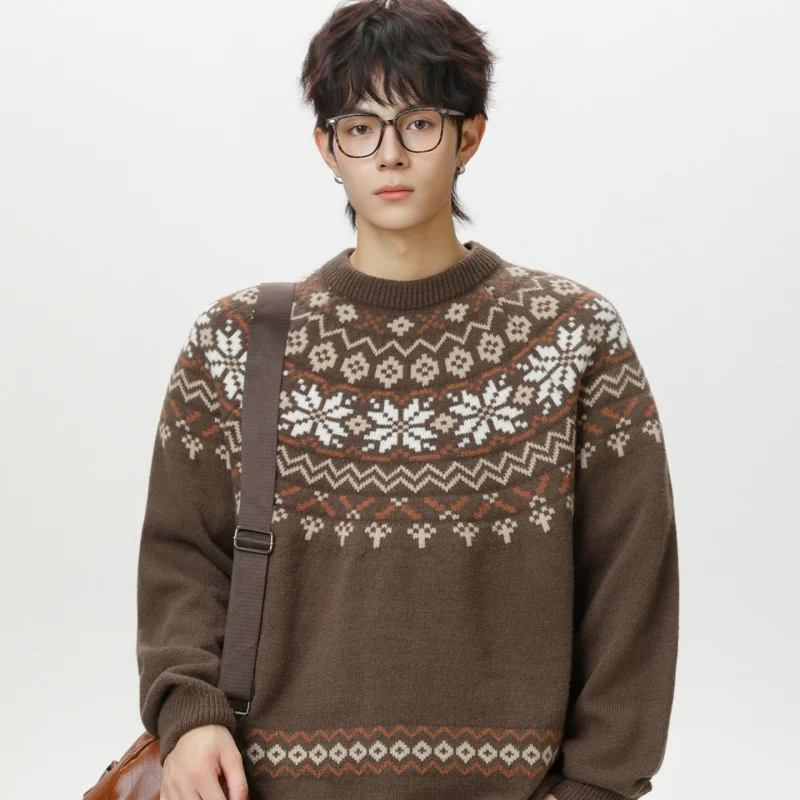 

Fair Isle Ethnic Style Crew Neck Sweater for Men, New Autumn and Winter American Retro Texture Versatile Pullover Knitwear