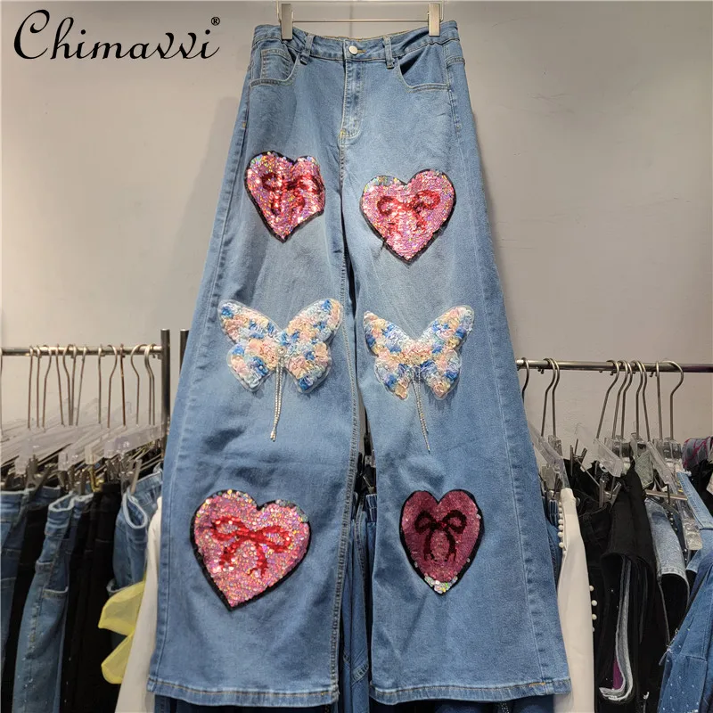 

New Casual Sequin Beaded Butterfly High Waist Skinny Elastic Jeans Women's 2025 Summer Fashion Heavy Wide Leg Floor Pants