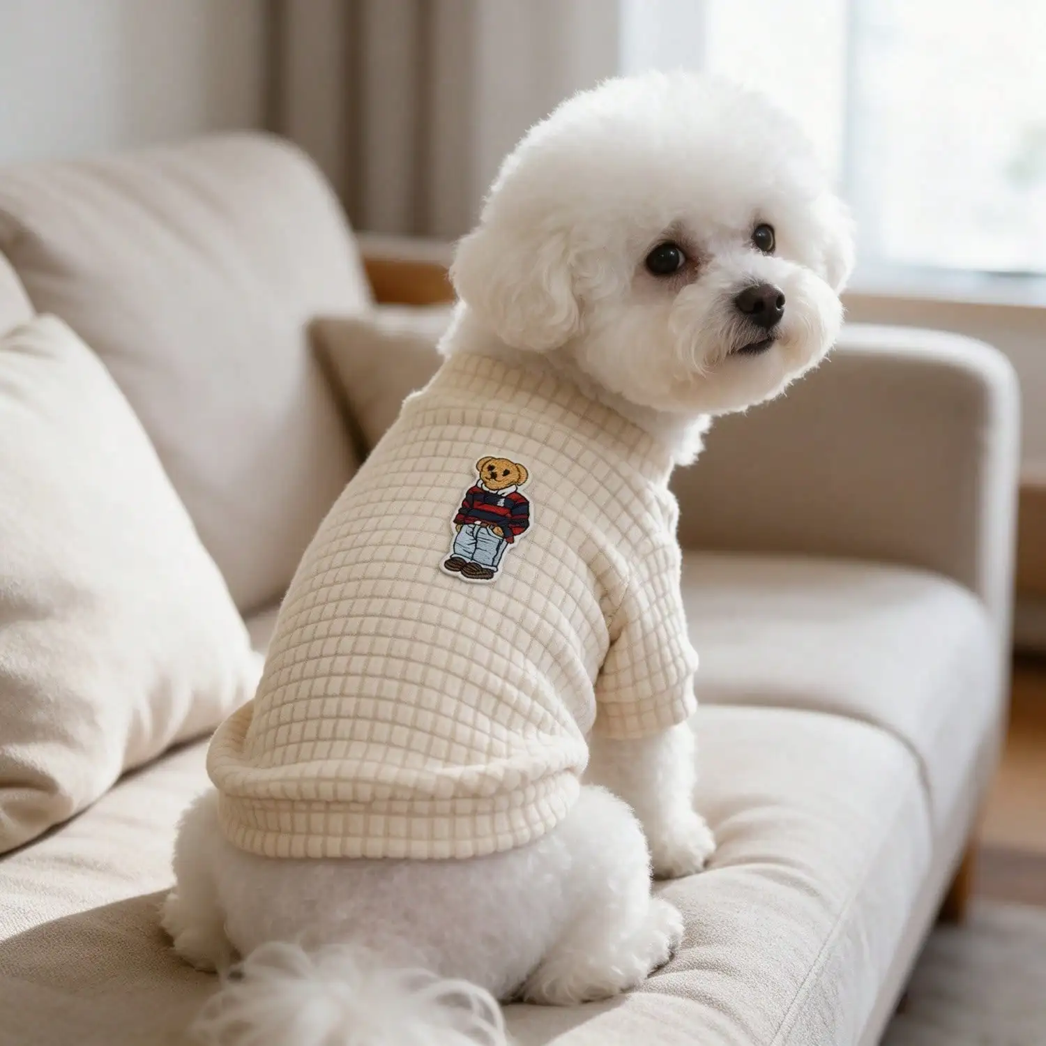 1 Stück Bären-Patch Waffel-Strick-Hundeshirt, weiches Halbrollkragen-Haustier-Outfit für kleine Hunde – Detail 7