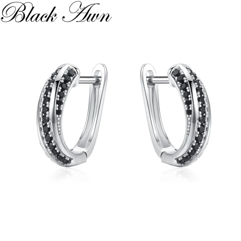 

Black Awn 2024 New Fashion Hoop Earrings For Women Classic Silver Color Trendy Spinel Engagement