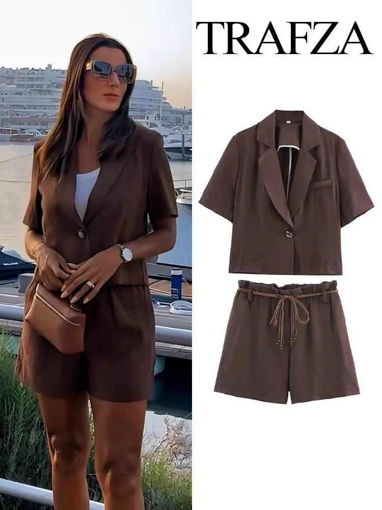 

TRAFZA Women Summer Shorts Suit Solid Lapel Short Sleeve Casual Blazer Coat+Side Pocket Elastic Waist Belt Decorate Chic Shorts