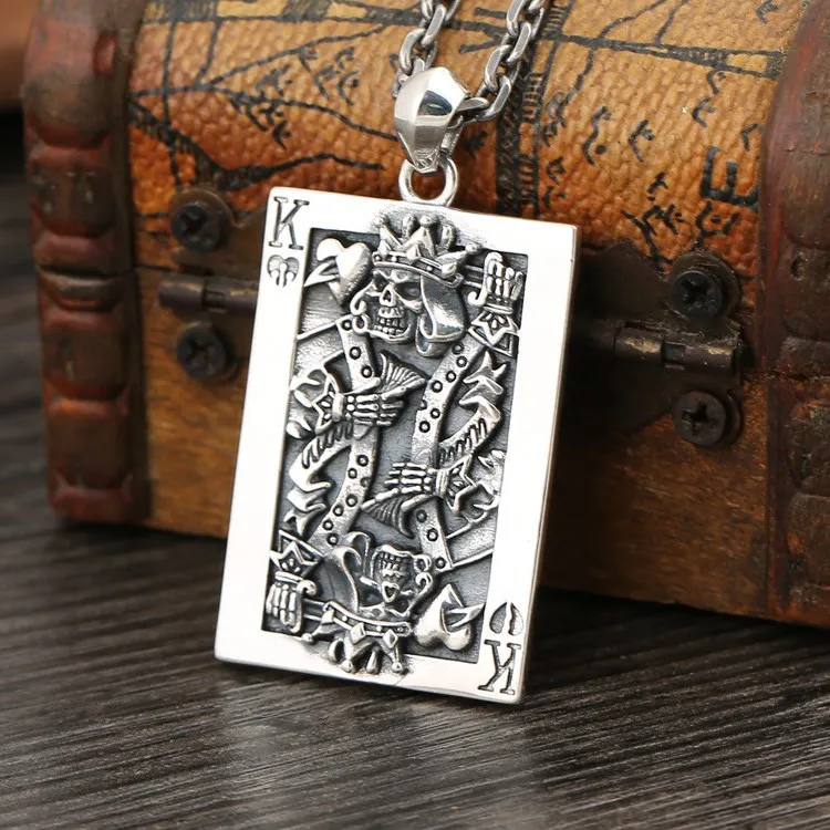 

925 silver personality skull poker pendant men's necklace Japanese and Korean punk hip-hop Thai silver vintage silver jewelry