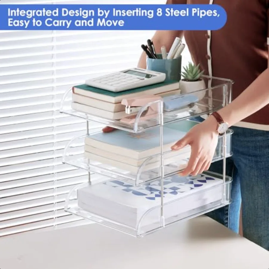 منظمات مكتب وتخزين 3 طبقات منظم مكتب شفاف مرتفع منظم صينية ورق قابل للتكديس لملف المستندات A4 P