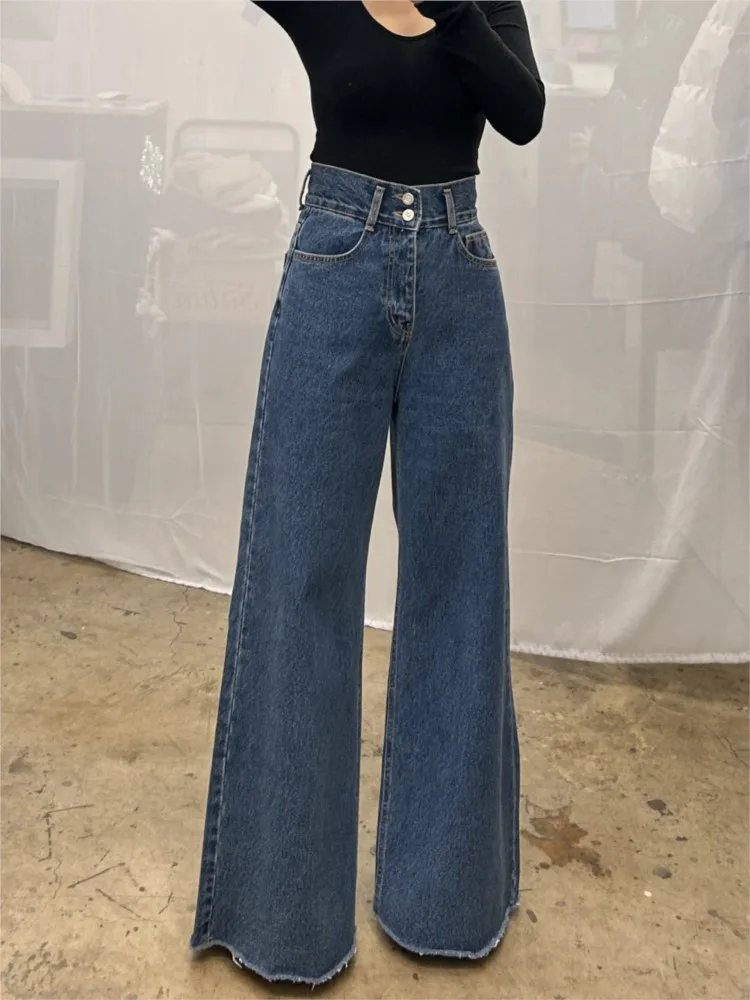 Jeans retrô de cintura alta feminina, calça longa, perna larga, solta, plissada, estilo coreano, calça feminina, moda outono