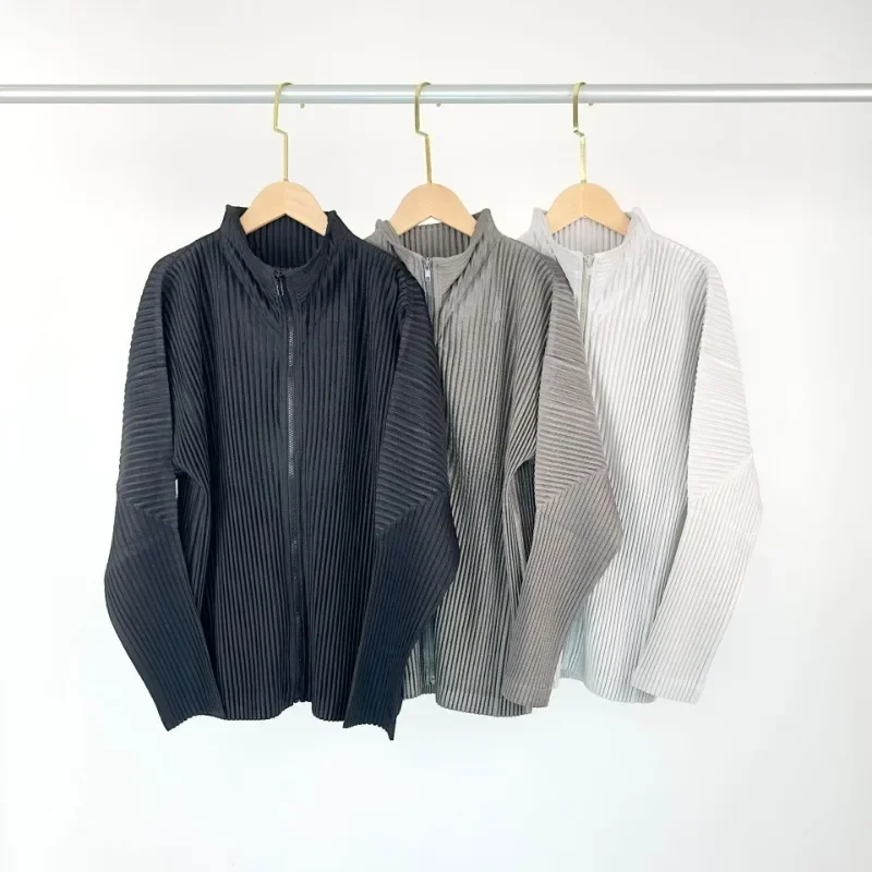 ALSEY Miyake Pleated Standing Neck Zipper Long Sleeve Men\'s Coat 2024 Autumn New Casual Simple Slim Black Jackets Men Clothing