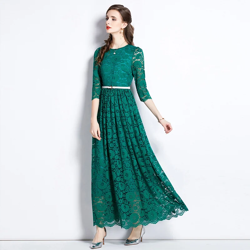 

Elegant New Autumn Green Lace Long Dress Women's O Neck Half Sleeve Hollow Out Floral High Waist Party Vestidos Robe With Belt