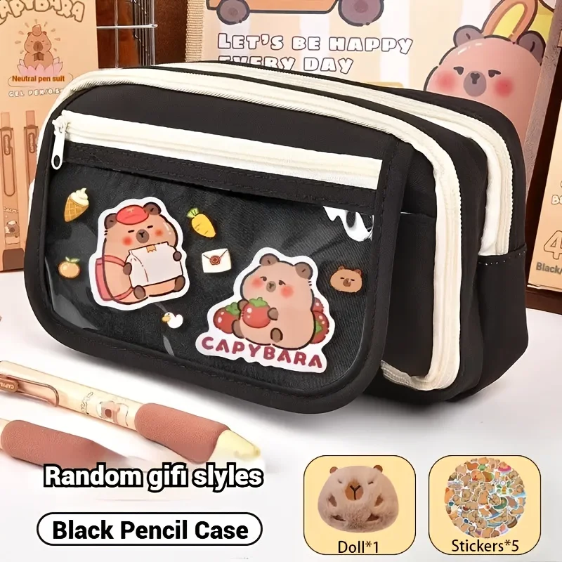 Large Capacity Pencil Bag Capybara Cartoon Stationery Holder Bag With Brooches Stickers Clips Keychains Children Pen Case