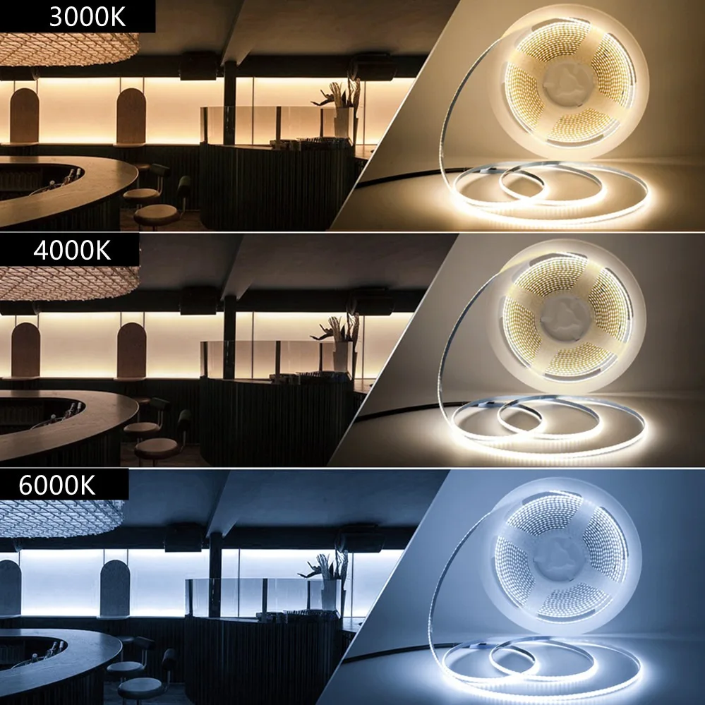 FOB COB LED Strip Lights 8mm 320LEDs/M High Density Flexible Diode Tape Light 6000K 4000K 3000K Linear Dimmable 12V 24V 5V