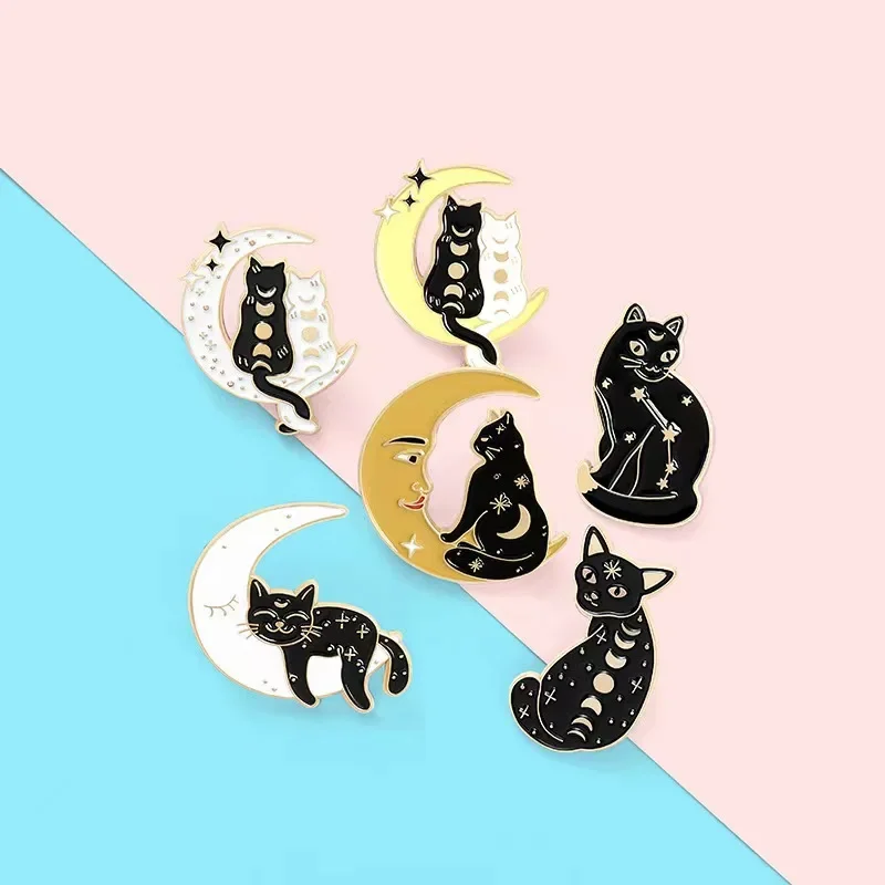 Horoscope Tattoo Witchcraft Cat Enamel Pin Moon Lunar Eclipse Badges Cartoon Black Pins Gifts for Friends Jewelry Free Shipping