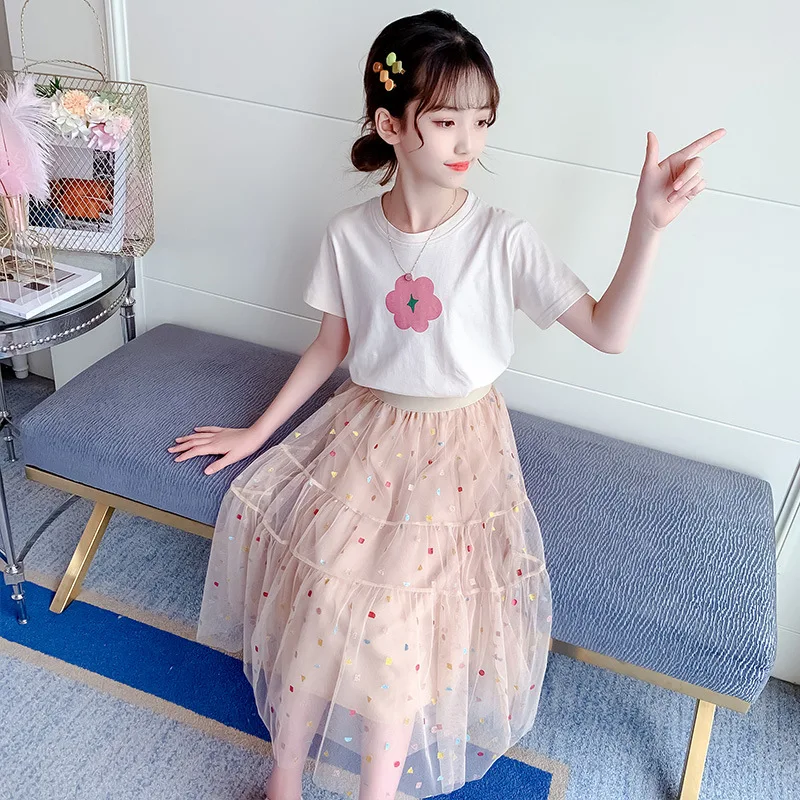 Fashion Girls Dress Summer Kids Outfits T-shirt + Dress 2PCS School Casual Children Short Sleeve Dresses For Girl Teen 4-12 Year image 4