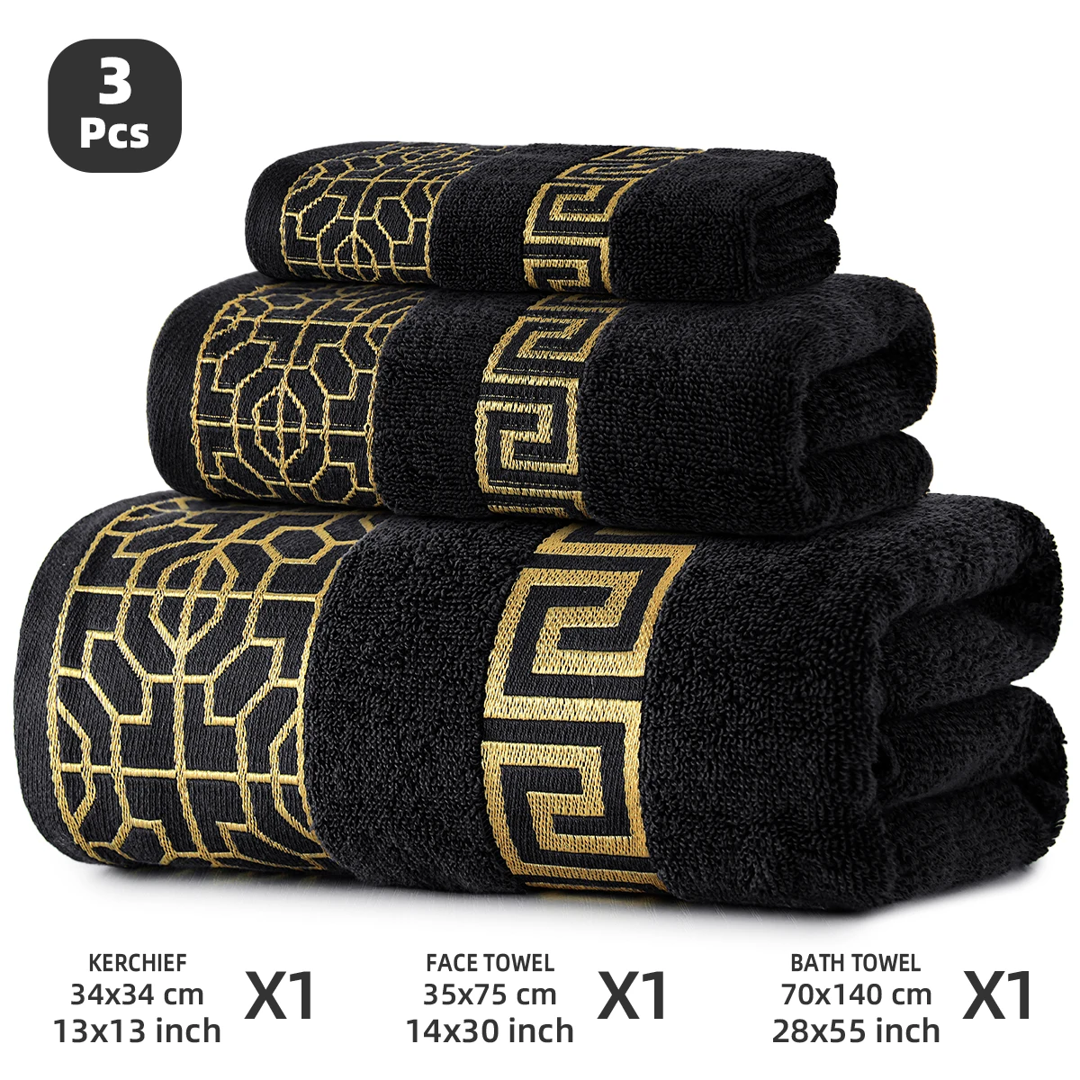 3-Piece Pure Cotton Towel Set, 1 Bath Towel + 1 Hand Towel + 1 Face Towel, Gold Thread Window Flower Pattern, 100% Cotton, Soft and Comfortable, Highly Absorbent, Super Stylish
