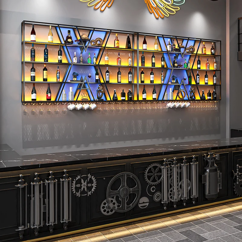 スタンディングデザインワインキャビネットミニマリストヨーロッパの美的ヴィンテージワインキャビネットスタンディング照明付きメタルエスタンテバー装飾