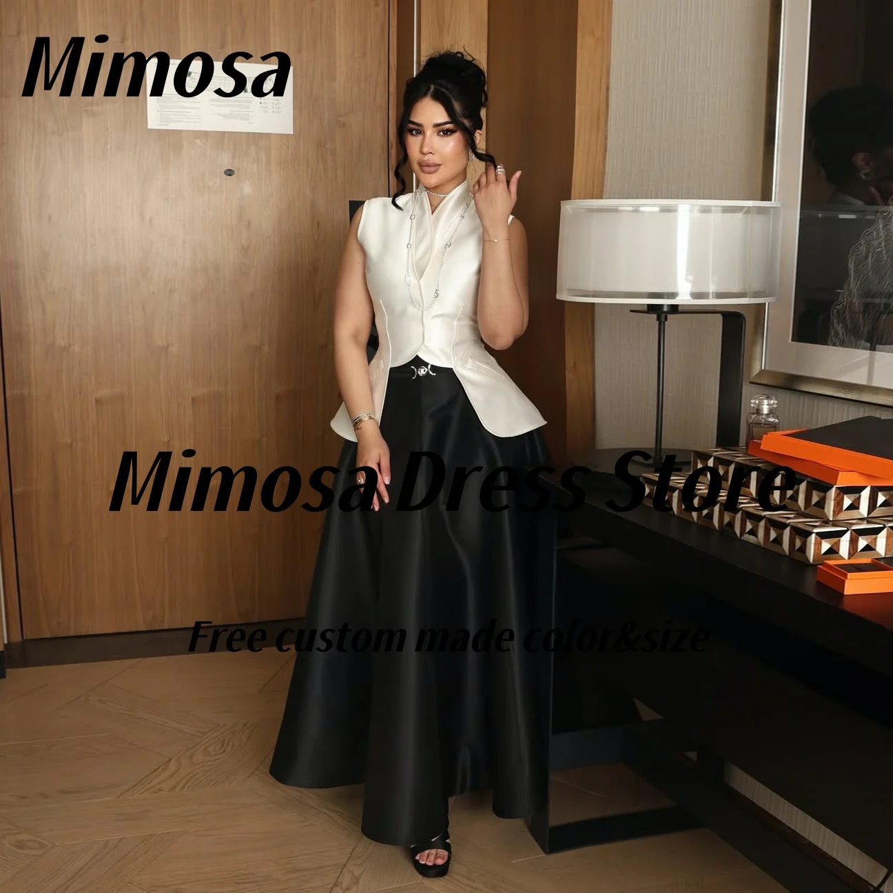 

Mimosa 2025 из двух частей платья для выпускного вечера с высоким воротником без рукавов вечерние платья длиной до щиколотки атласное вечернее платье в Саудовской Аравии по индивидуальному заказу