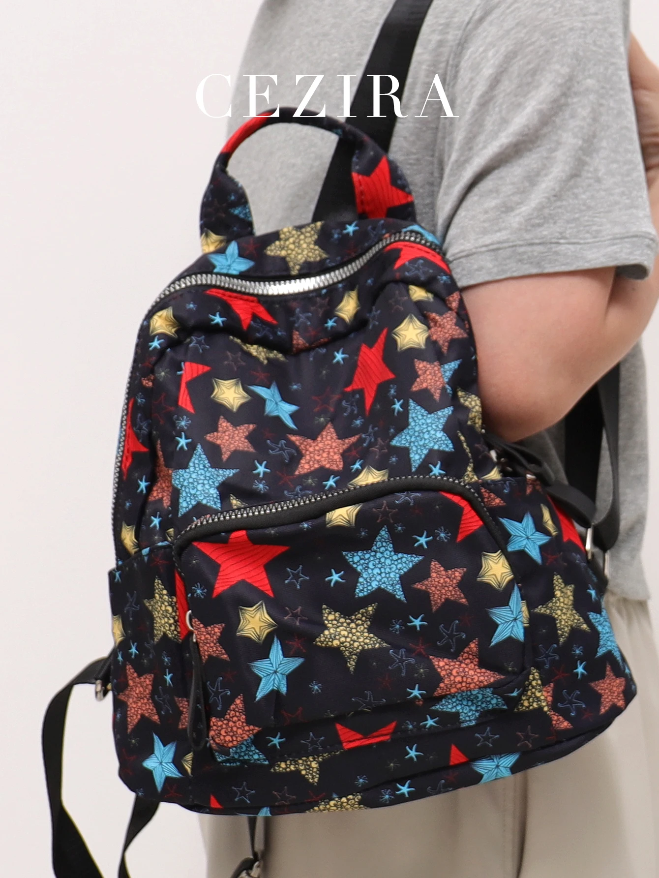 

CEZIRA Women Leopard Star Pattern Backpack Light-waterproof Multi Pockets Soft Nylon Zipper Fashion Knapsack Daily Travel School