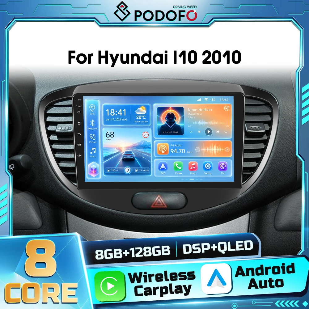 Autoradio Android 2DIN Podofo con controllo vocale AI per Hyundai I10 2010, Carplay wireless, Android Auto, navigazione GPS, WIFI, DSP, FM, RDS, Bluetooth