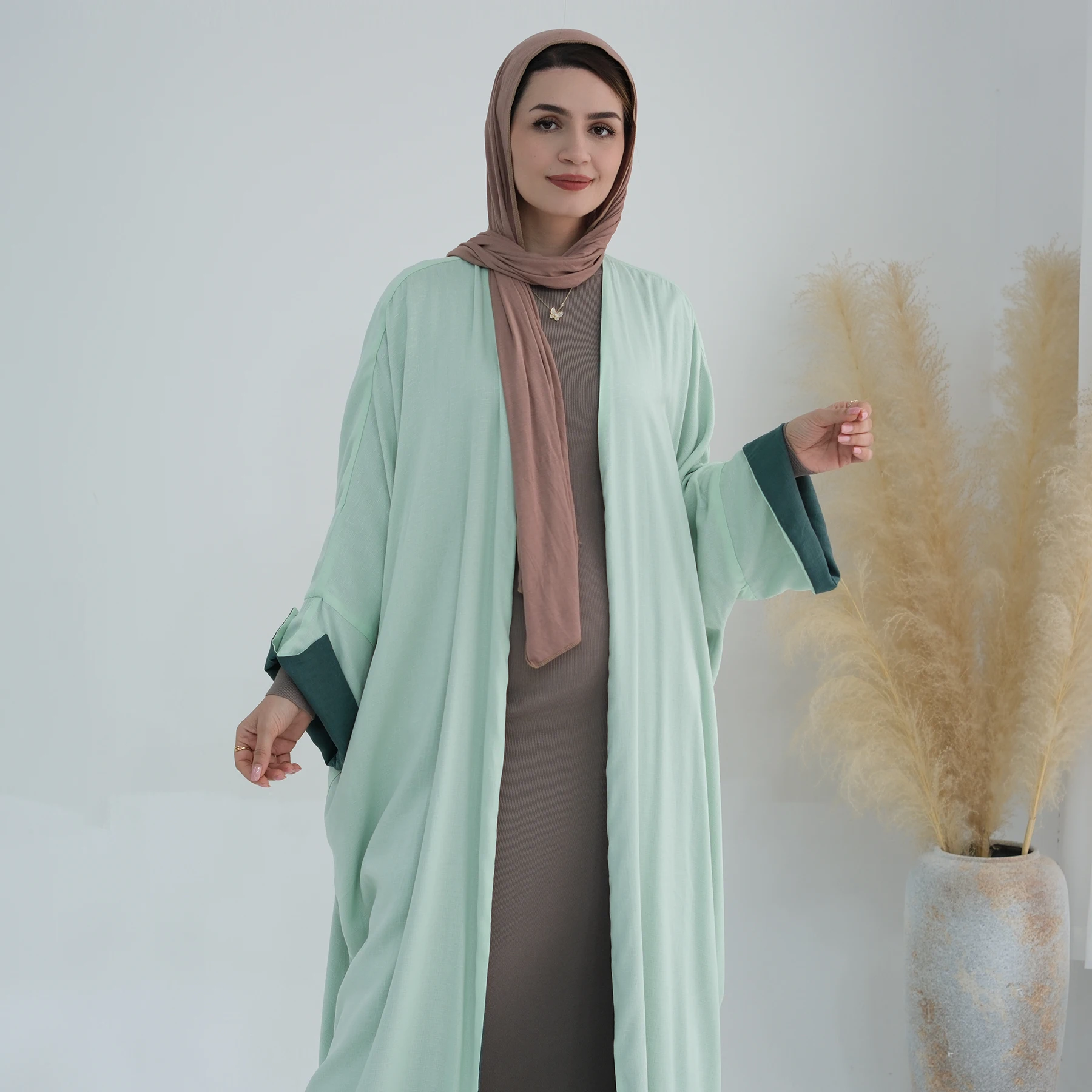 Vintage Blue Green Coffee Open Abaaya Muslim Women Cardigan Elegant Dubai Turkey Long Dress Abaya Reversible Clothes LR736