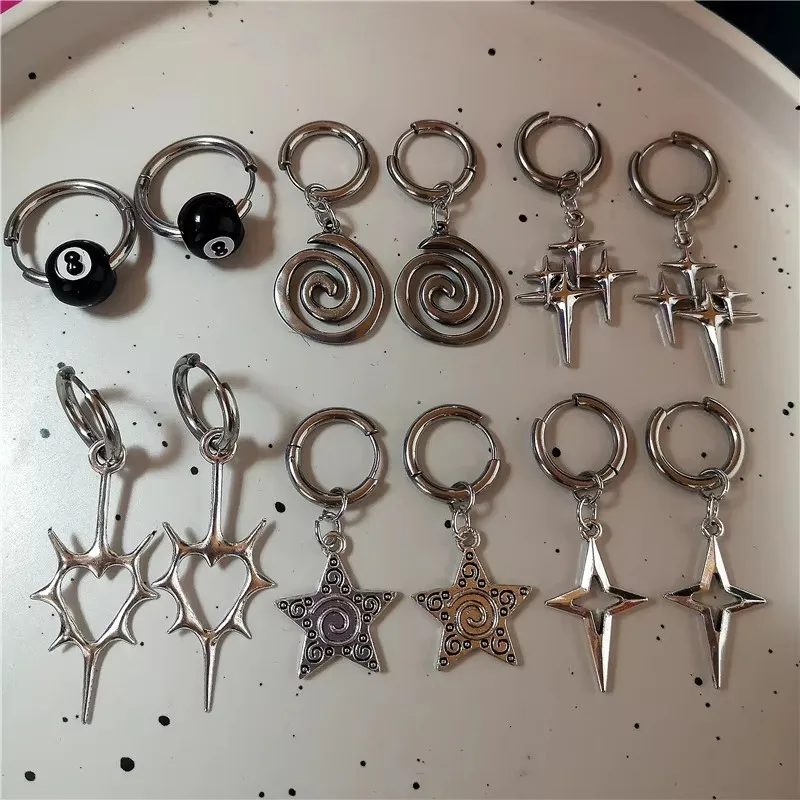 Stainless Steel Spiral Vortex Star Hollow Thorns Love Heart Pendant Hoop Earrings For Women Men Fashion Cool Punk Rock Jewelry