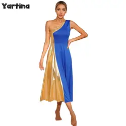 Womens Metallic One Shoulder Sleeveless Lyrical Ballet Dance Dresses Praise Liturgical Choir Dance Dress Church Worship Costumes