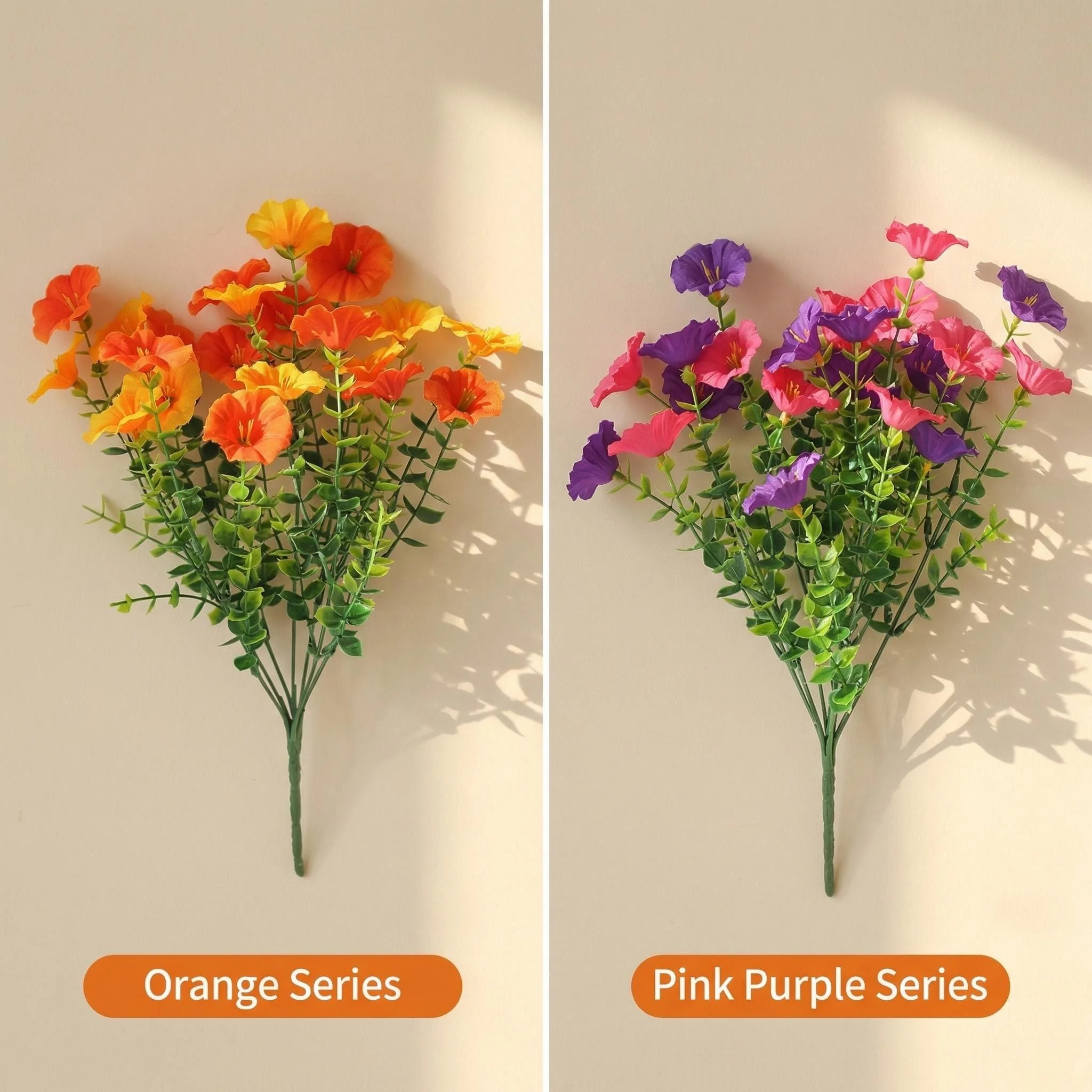 4 Bündel leuchtender künstlicher Eukalyptusblumen | Morgenröte-Blumen (7 Zweige pro Bündel, 3 Blumen pro Zweig, insgesamt 4 Bündel, 84 Blumen) mehrfarbige künstliche Blumendekorationen, leuchtend in 4 Farben, hochwertige Kunststoff-Hängedekorationen, geeignet für Balkon, Terrasse, Blumenkästen, Hochzeiten und Eventdekorationen, langlebige Kunstblumen, ohne Behälter, Kunstblumen für Muttertag und Valentinstag. – Detail 4