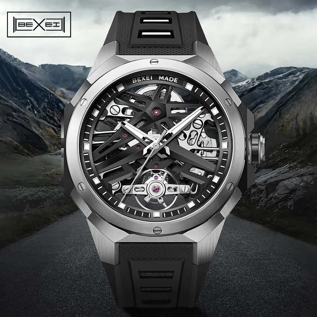 

BEXEI Automatic Mechanical watches for man Skeleton Self-wind Movement Luminous Waterproof Watch men Luxury 9121
