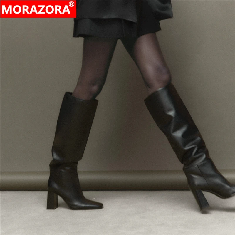 MORAZORA Size 34-43 New Genuine Leather Boots Women Square Toe High Heels Knee High Boots Autumn Winter Boots Ladies Shoes ZA