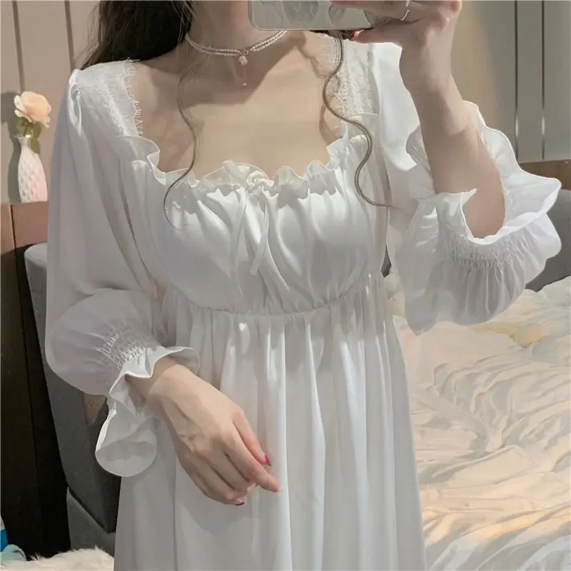 Ruffles Women Nightgown Korean Sleepwear Square Collar Nightwear Solid One Piece Pajamas Autumn Lace Sleeping Night Dress New