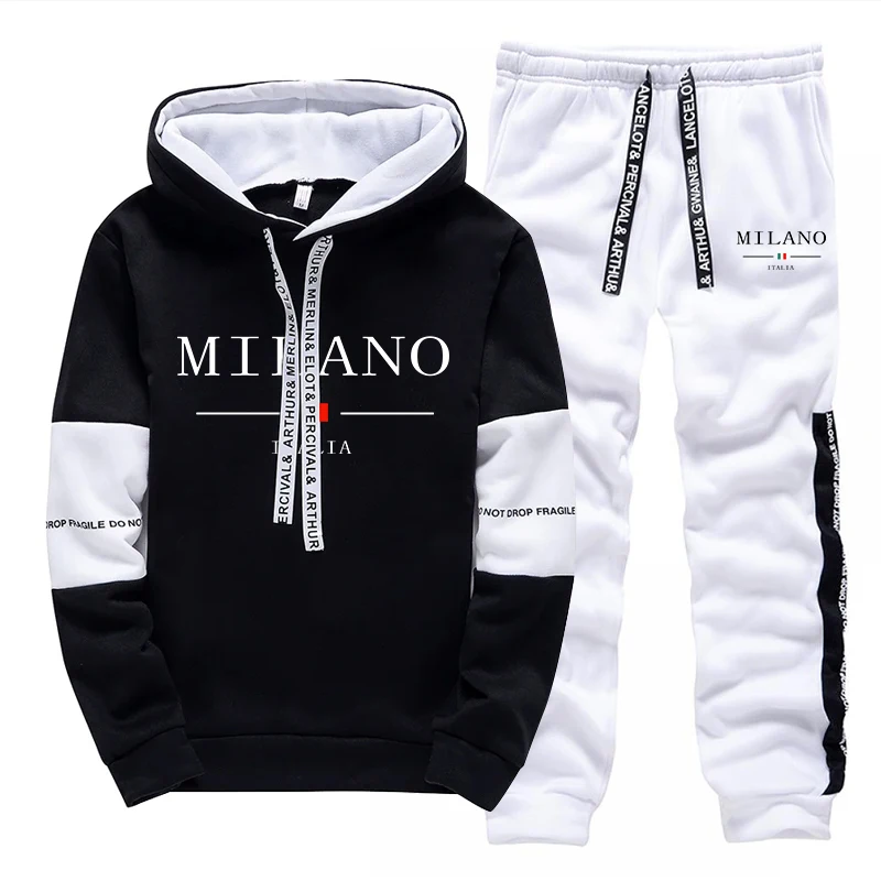 Pakaian Olahraga Pria Fashion Terbaru Kaus Bertudung Celana Jogger Setelan Jogging Olahraga Kasual Harian Pria Hoodie Cetak Italia Milan