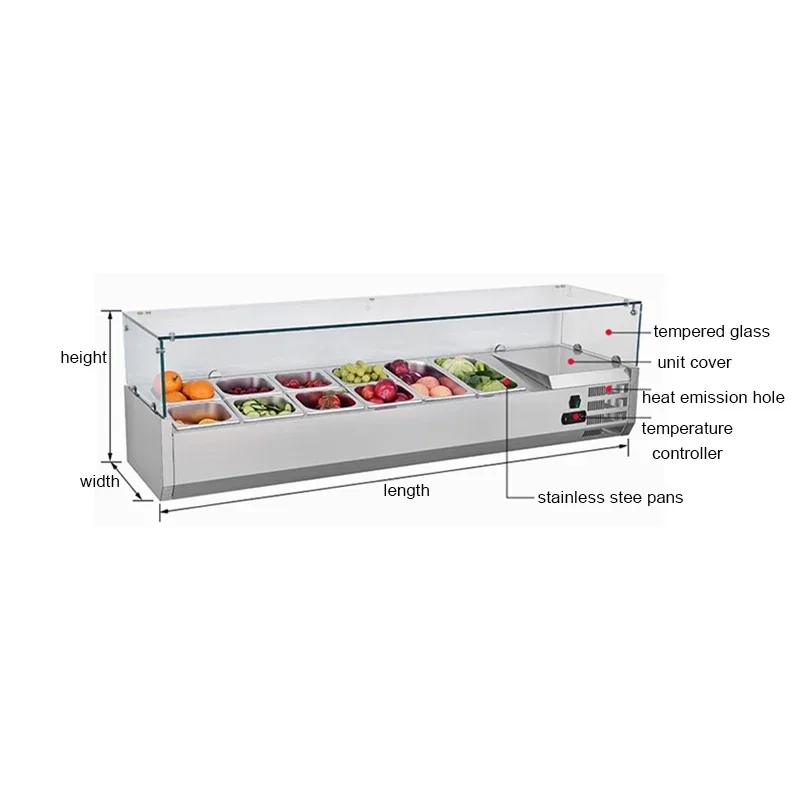 Commercial Pizza Prep Table Refrigerator Refrigerated Counter Top Fruit Salad Bar Refrigerator Display Fridge Showcase