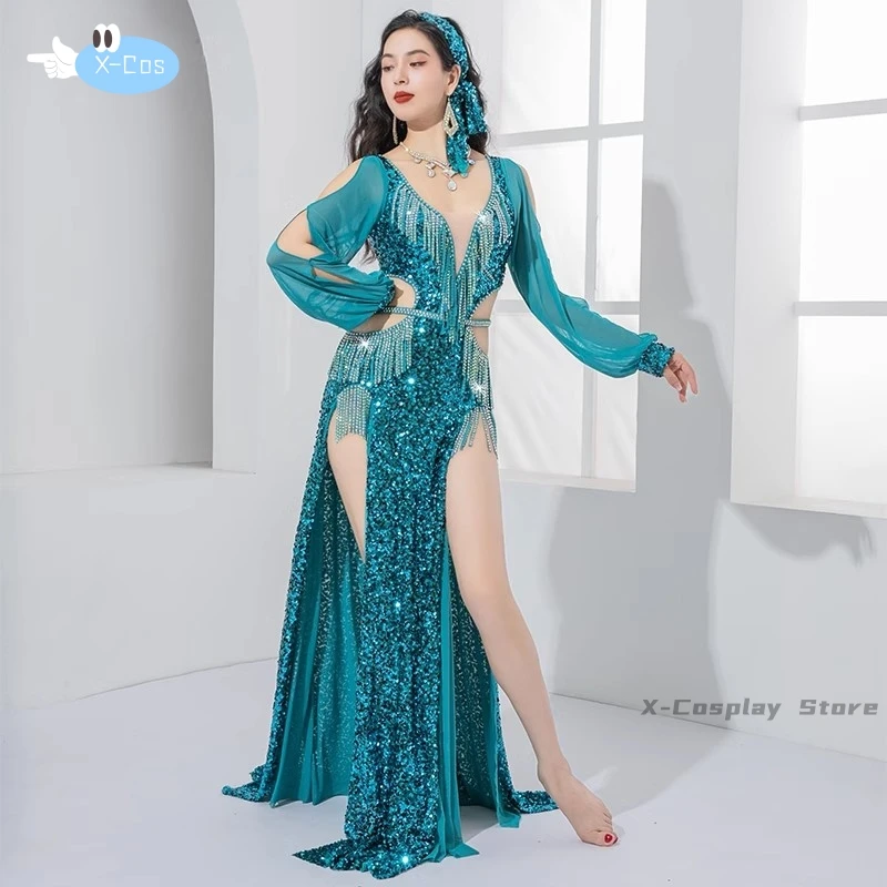 Brilliant Sequins Dress Egyptian Belly Dance Costume Competition Group Performance Set Long Sleeves Dresses with Headband