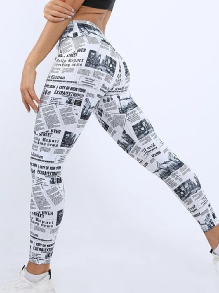 Sexy Leggings Women Outdoor Newspaper Printed High Waist Pencil Pants Workout Leggins Fitness Sports Wear