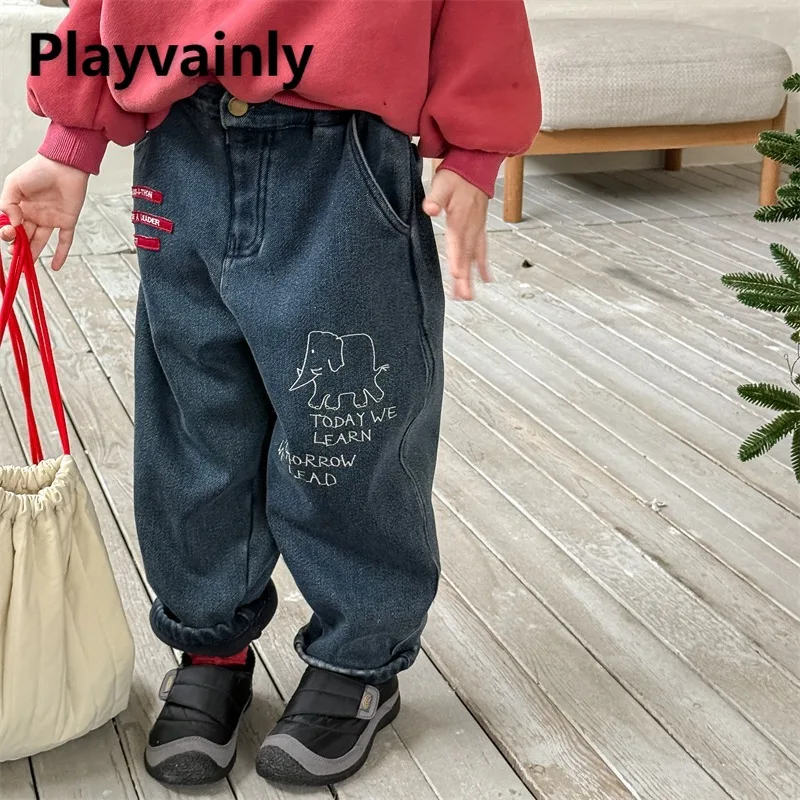 

Детские флисовые джинсы, осень-зима 2024, модные джинсовые брюки с героями мультфильмов, теплые утолщенные прямые брюки для мальчиков и девочек A5663