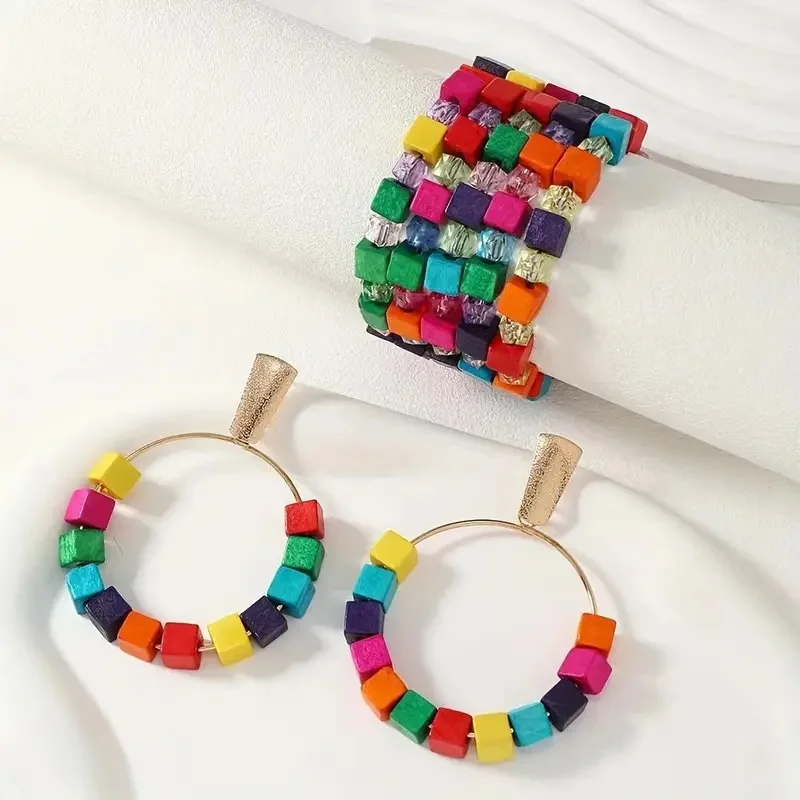 Boho Style Jewelry Set Made Of Wooden Cubic Beads Multi Colors Match Daily Outfits Party Accessory 1 Pairs Earrings + 1 Bracelet