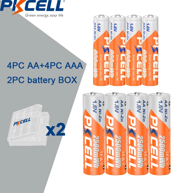 

PKCELL 4PC AA Batteries 2500MWH+4PC NI-ZN AAA Battery 900MWH 1.6V NIZN AAA/AA Rechargeable Batteries with 2PC Battery Box Holder