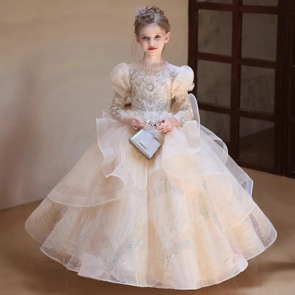 Kids Girls Princess Dress Flower Girl Wedding Party Dress Luxury High End Children Evening Formal Long Sleeve Gown For Baby Girl