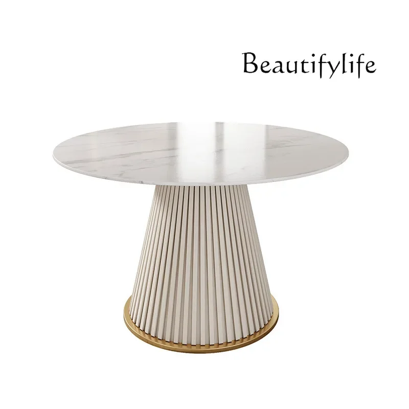 

Cream style marble round dining table small apartment dining room French round table chair combination rock slab