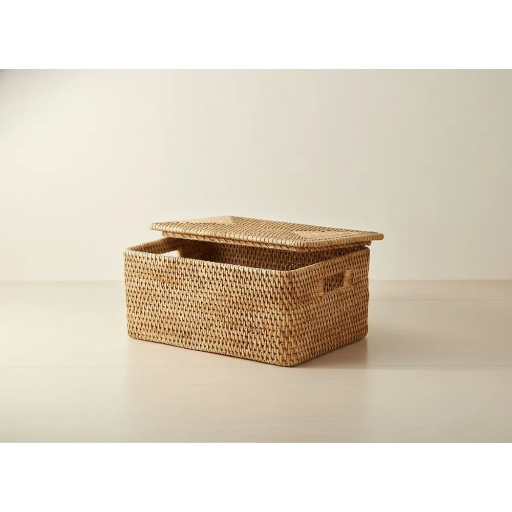 

Natural Rattan Storage Basket with Lid - Hand-Woven Rectangular Organizer for Home Shelf Picnic