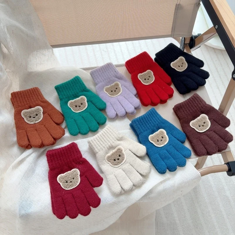 

Cartoon Bear Patch Split Finger Knitted Gloves One Size Winter Warm Student Kid Accessories for Boys Girls