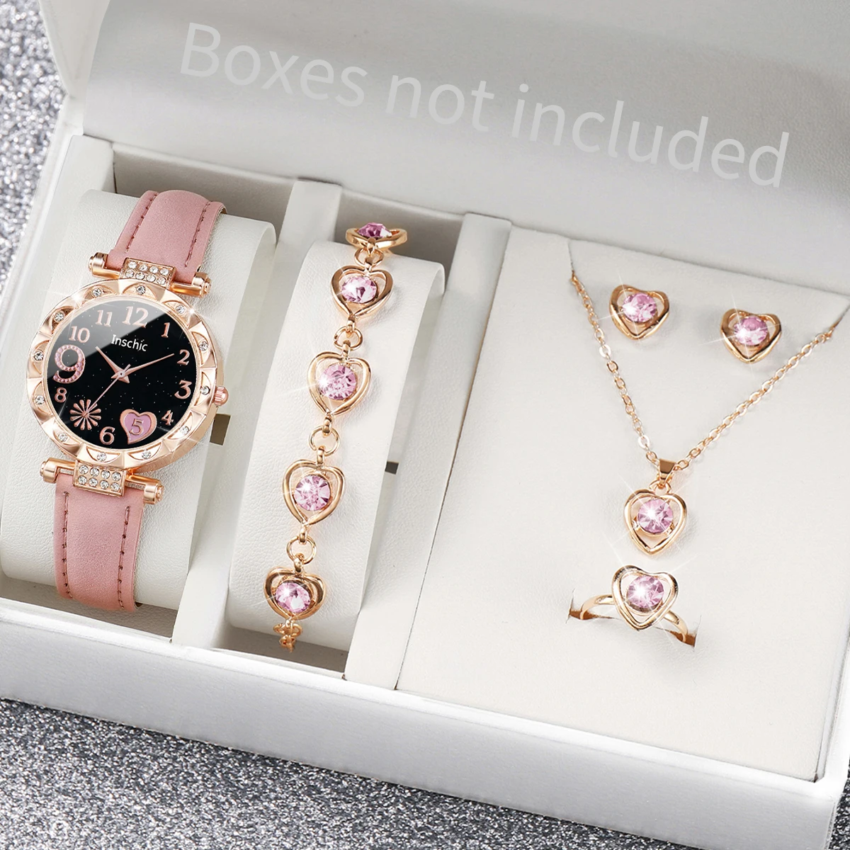 

6PCS/Set Women Watches Fashion Heart Dial Leather Band Quartz Watch Rhinestone Jewelry Set Relogio Feminino（Without Box）