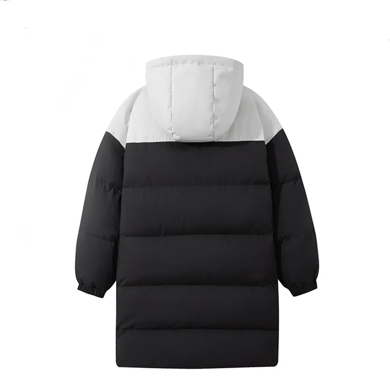 رجل أسفل سترة شتاء جديد التباين اللون طويلة الأكمام الرجال معطف رشاقته الدافئة يندبروف منتصف طول فضفاض مقنعين الذكور ملابس خارجية #2