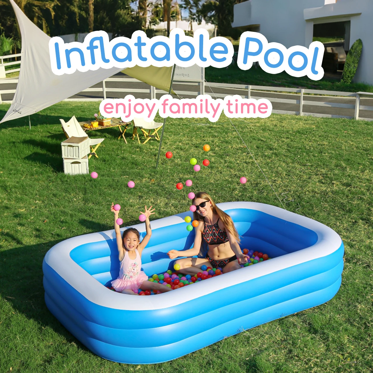 Large Blue Rectangular Inflatable Family Swimming Pool for Outdoor, Beach and Party Use